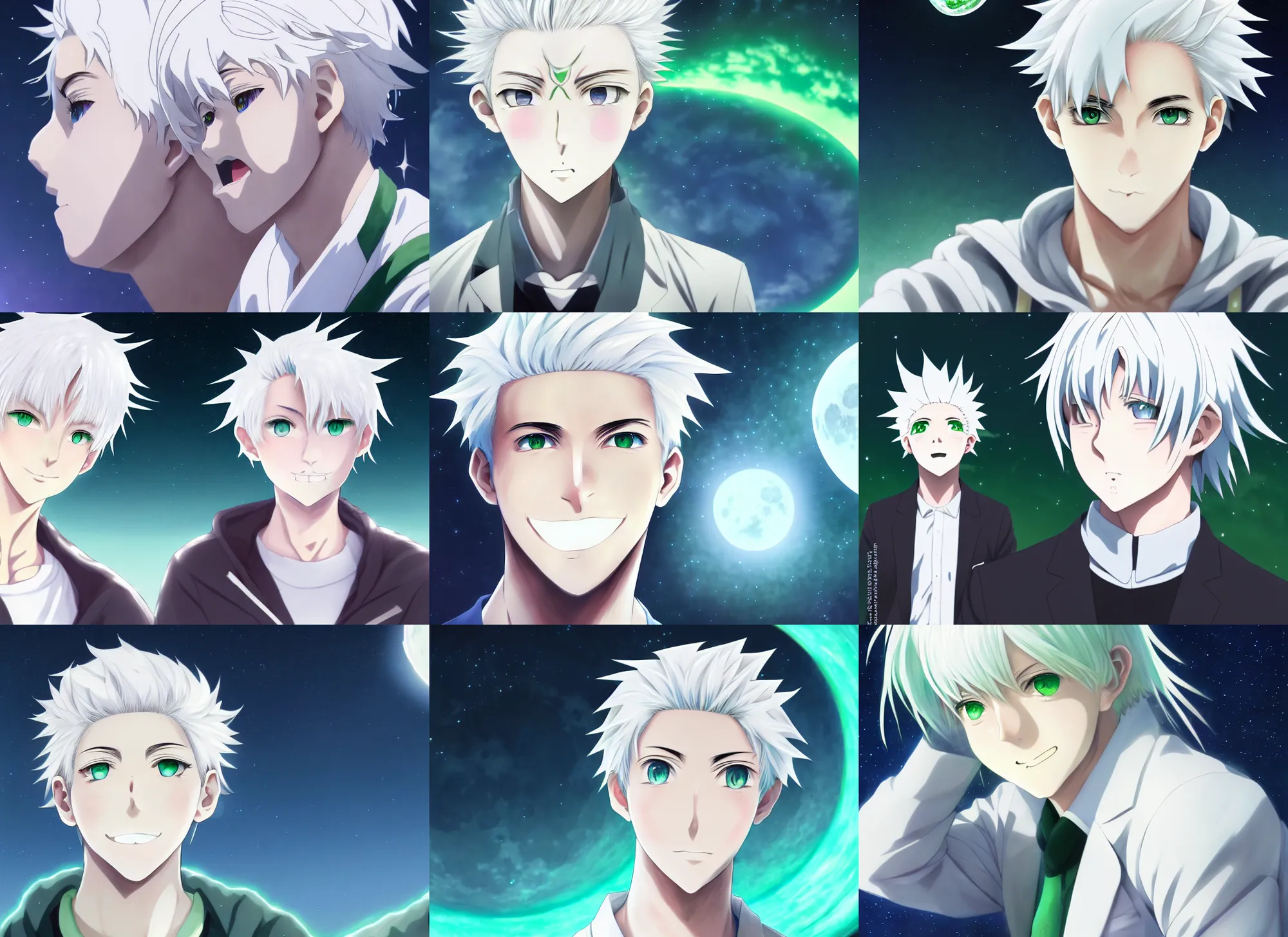 Prompt: white haired young guy with green eyes on the moon, smiling, beautiful anime portrait, symmetry, ecchi style, makoto shinkai, genshin impact, hyper realistic, high quality, art, long shot, fisheye