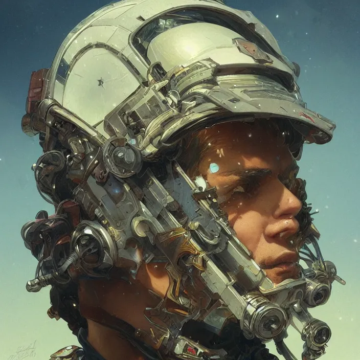 Prompt: a head and shoulders portrait of a space pirate, neon, retro, steampunk, smooth, sharp focus, intricate, artstation, detailed concept art by Greg Rutkowski and Alphonse Mucha and Norman Rockwell