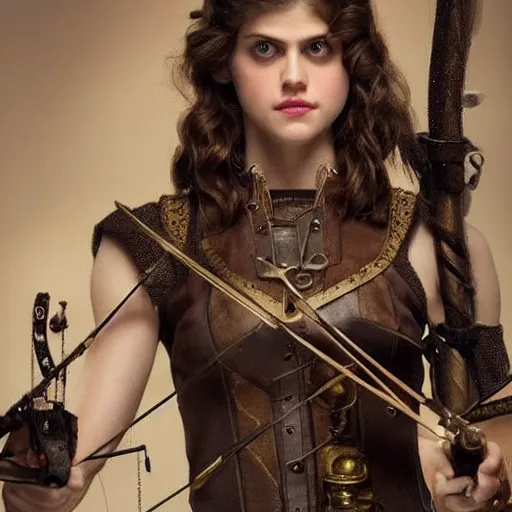 Prompt: photo of alexandra daddario as a steampunk archer, full shot,