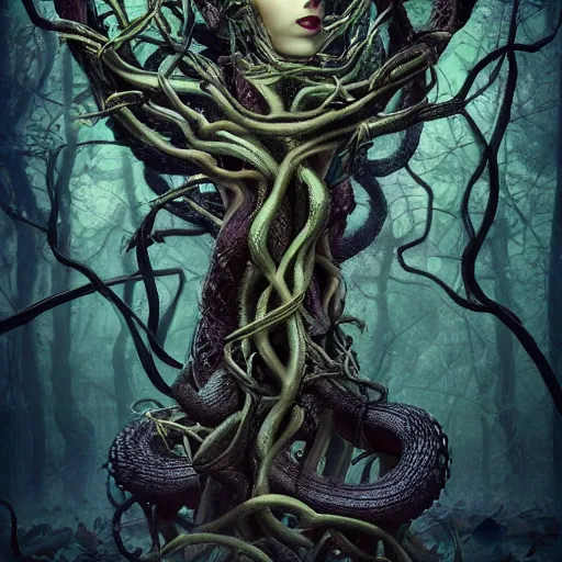 Image similar to dark queen of snakes, crown of vines, blue skin, realism, dark fantasy, surrounded by snakes in a twisted forest, octane render, artstation