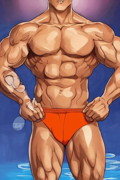 Prompt: a handsome male fitness model with blonde hair who is also a male android, ken, muscular, wearing a white crop top and short light orange shorts, stands by a swimming pool, facing forward, in the style of artgerm and moebius and annie liebovitz, photorealistic, highly detailed