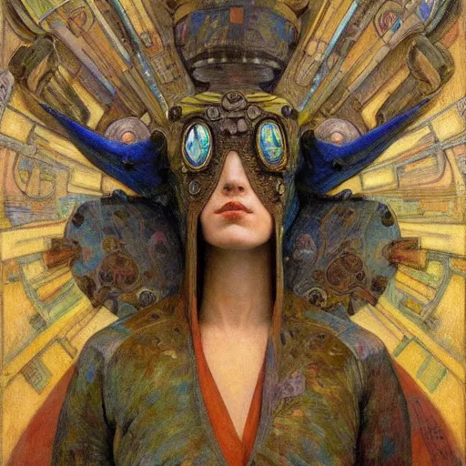 Prompt: the robot queen with her bird mask, by annie swynnerton and diego rivera and elihu vedder, symbolist, dramatic lighting, elaborate geometric ornament, art brut, soft cool colors, smooth, sharp focus, extremely detailed, adolf wolfli and donato giancola