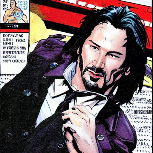 Prompt: keanu reeves in a batman comic book