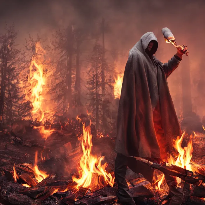 Image similar to hooded man smirking while dumping gas on a camp - fire, octane render, 4 k ultra hd, hyper - detailed, realistic, seedy lighting, sharp focus, fantasy dark art