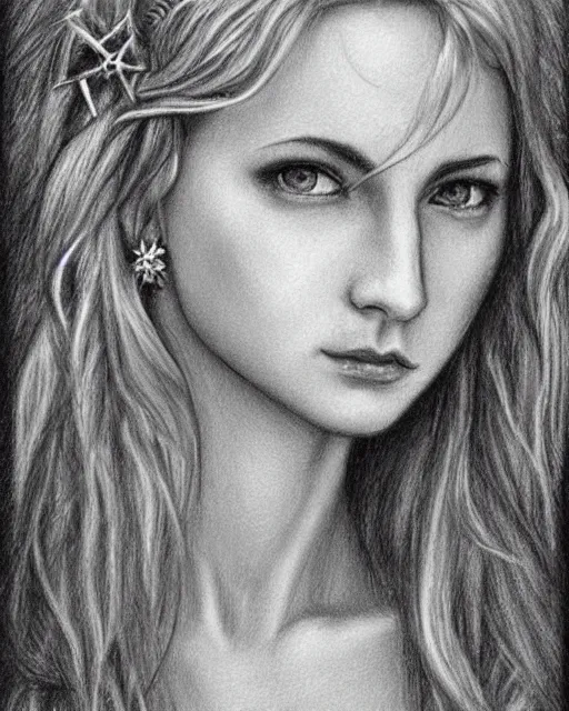 Image similar to long shot realism pencil drawing of the beautiful greek goddess aphrodite wearing a laurel wreath and arrowhead earrings, beautiful confident eyes, beautiful flowing hair, glowing god eyes, hyper realistic face, in the style of artgerm, fantasy, amazing detail, epic, elegant, smooth, sharp focus, from the front