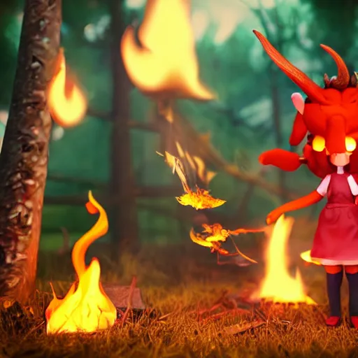 Image similar to cute fumo plush manic happy pyromaniac girl giddily starting a huge bonfire in the forest, horned demon imp girl, stylized pbr anime shader, burning flames, warm glow and volumetric smoke vortices, filmic, rule of thirds composition, vignette, vray