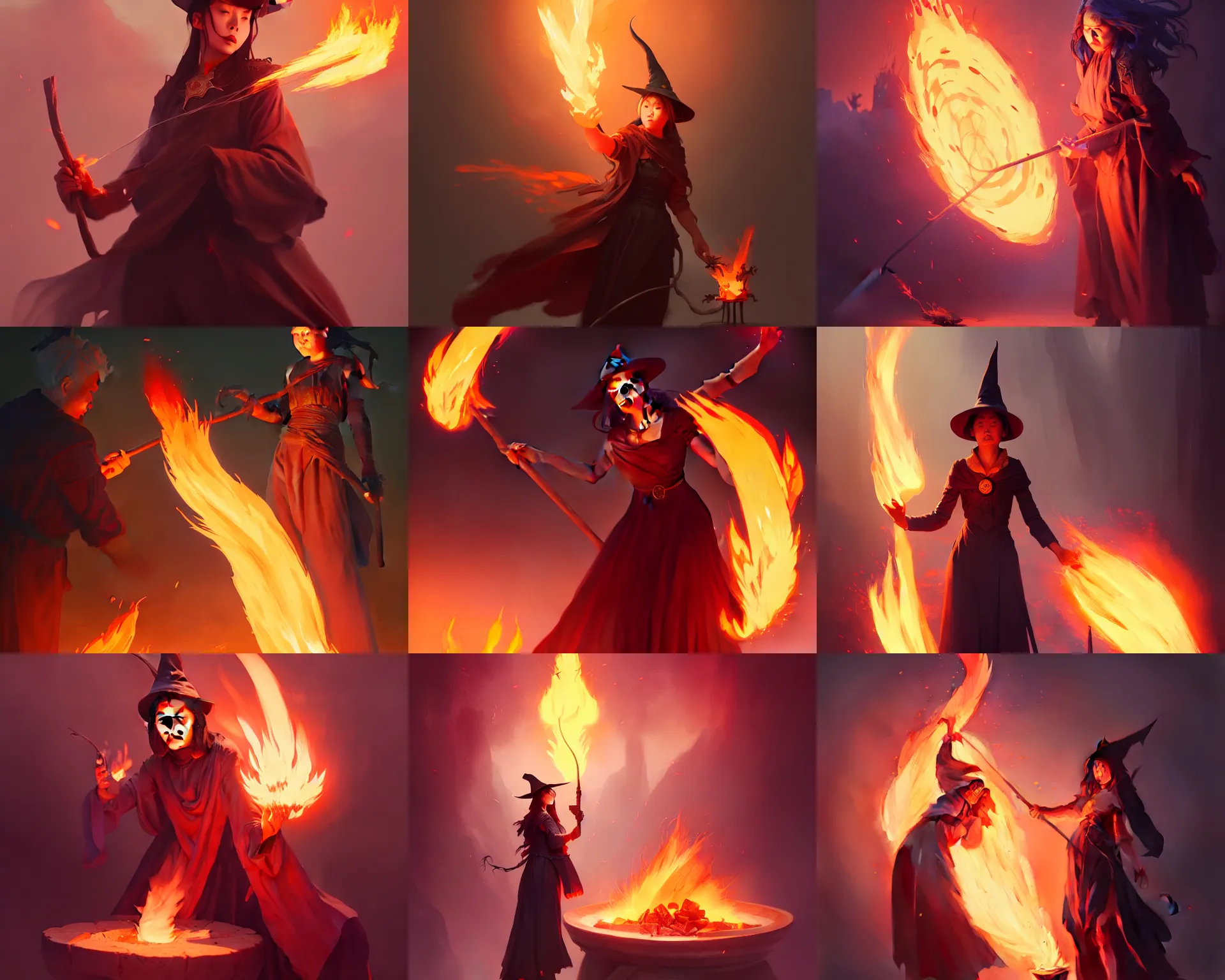 Prompt: an experienced witch casting fire magic, by hong soonsang and greg rutkowski, cinematic lighting, concept art, detailed, digital art, trending on artstation, pixiv, illustration