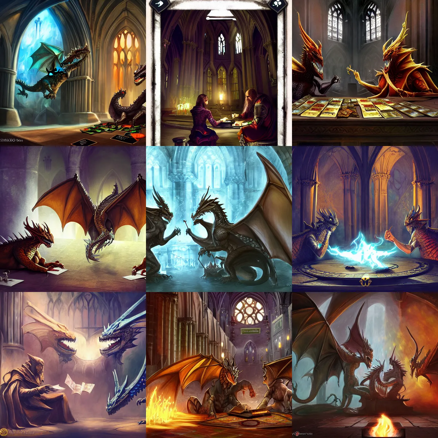 Prompt: two dragons playing magic the gathering cards inside a cathedral, digital art, trending on artstation