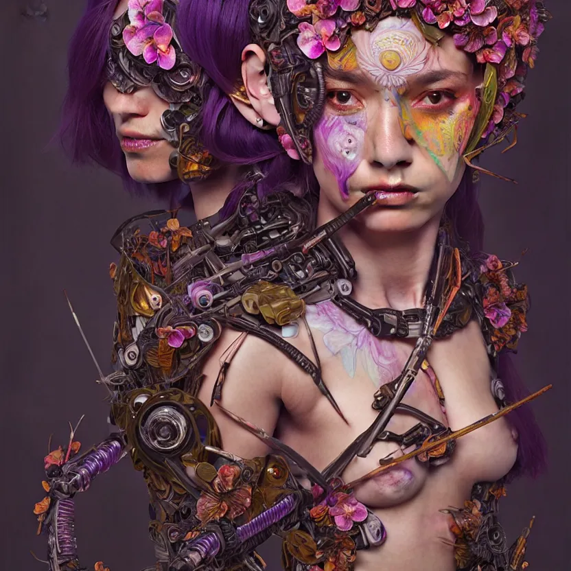 Image similar to alexa demie as a fae cyborg warrior, orchid, portrait face, colorful, kupka, intricate, miles johnston, kuroda seiki, ozabu, godward, painterly, yoshitaka amano, moebius, miles johnston, louise zhang, james jean, mark ryden lowbrow pop surrealism art style, 4 k,