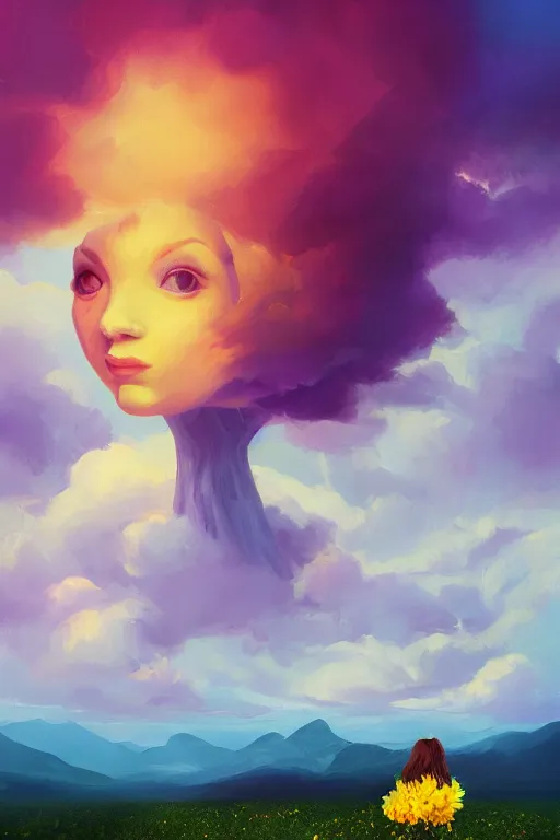 Image similar to closeup girl with huge yellow dahlia flower face, standing on mountain, surreal photography, blue storm clouds, dramatic light, impressionist painting, digital painting, artstation, simon stalenhag