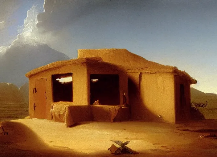 Prompt: painting of a sigeru ban house in the desert by thomas cole