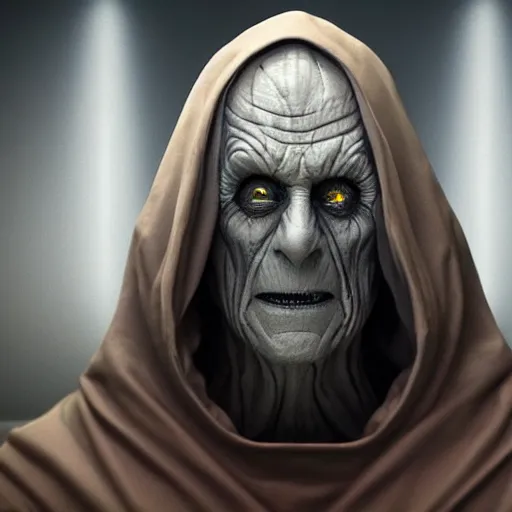 Image similar to hyperrealistic full body image of jim carey disguised as ( emperor palpatine ), stunning 3 d render, inspired by istvan sandorfi & greg rutkowski & unreal engine, perfect symmetry, dim volumetric cinematic lighting, 8 k octane comprehensive render, extremely hyper - detailed, incredibly lifelike attributes, intricate, real flesh texture, masterpiece, artstation, stunning,