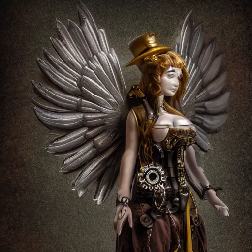 Image similar to steampunk angel, 8 k, shallow depth of field, 8 k, ultra high detail, concept art,