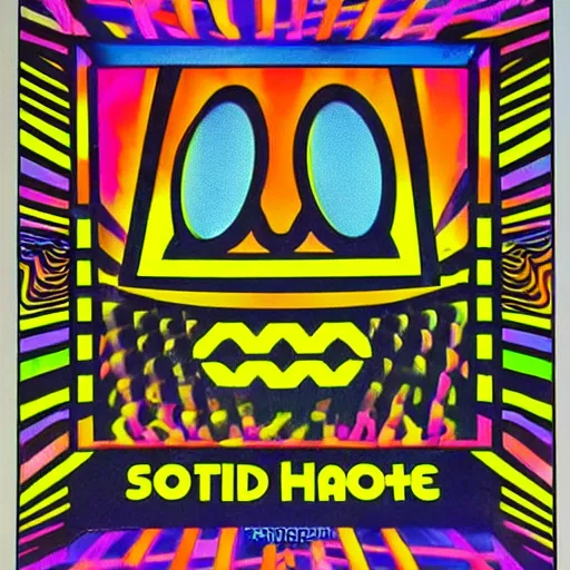 Prompt: psychedelic 1980s uk rave flyer, acid house, smiley face