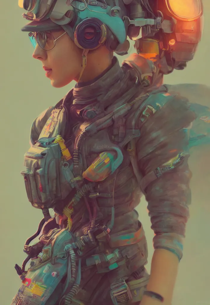 Prompt: detailed full body concept art illustration colorful pastel painting of a female pilot in full intricate clothing, ultra detailed, digital art, octane render, 4K, dystopian, micro details