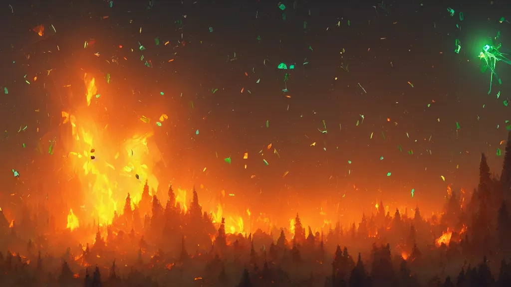 Image similar to large glowing flaming green crystal fragments falling from the sky, landing on top of a burning forest, by sylvain sarrailh, rossdraws, ambient light, ultra detailed, fantasy artwork, 8 k, volumetric lighting, trending on artstation, award winning, beautiful scenery, very beautiful.