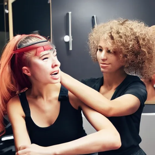 Prompt: women fighting in a hairdresser