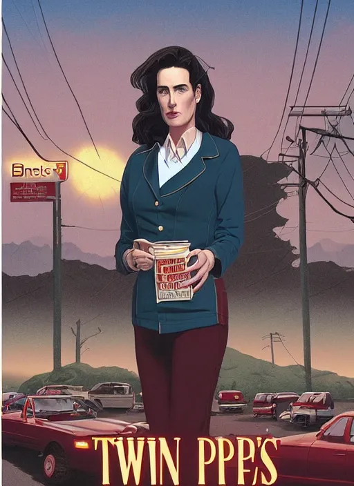 Prompt: Twin Peaks poster artwork by Michael Whelan and Tomer Hanuka, Karol Bak, Rendering of Jennifer Connelly working at the local diner, wearing rr diner uniform, from scene from Twin Peaks, full of details, by Makoto Shinkai and thomas kinkade, Matte painting, trending on artstation and unreal engine