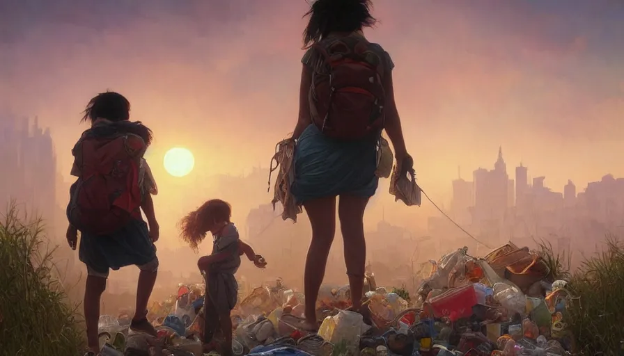 Prompt: poor detailed mom with child with backpack looking for food at garbage dump, city is pure wasteland, sunset in background, detailed characters, alphonse mucha, greg rutkowski, trending on artstation, artgerm, breathtaking, sharp focus, smooth, mark arian, award winning, highly detailed 4 k art