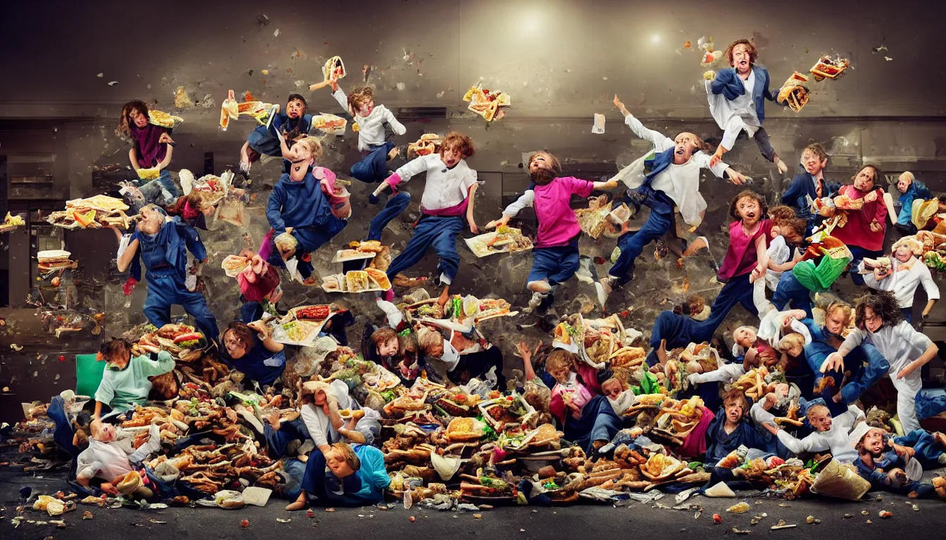 Image similar to disheveled children in rags obese men in suits and old people fighting in a fast food restaurant over piles half eaten rotting fast food, money floats in the air, hyper realistic photo, full colour, upscale, 8 k, masterpiece,