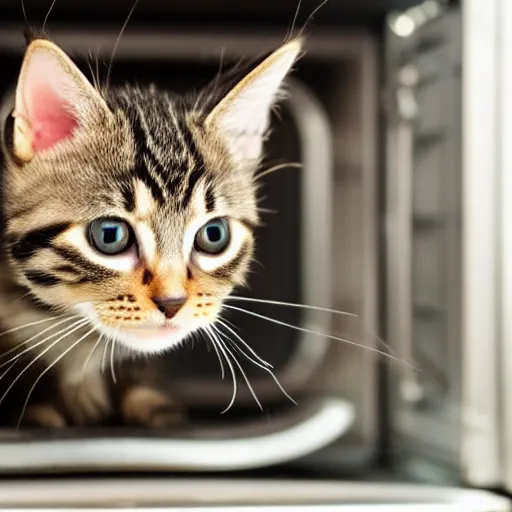 Image similar to a tabby kitten inside a kitchen oven looking at camera, close up