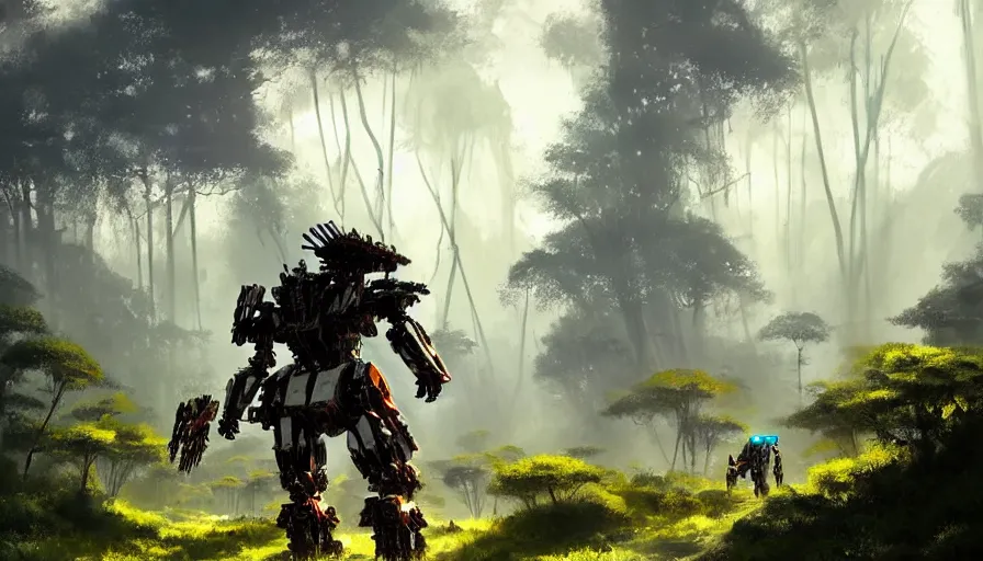 Image similar to walking mech covered in chrome armor, large shapes, horizon zero dawn aesthetic, covered in moss and birds, many large glowing lights, beautiful forests and trees, utopian landscape, bright sunlight, cinematic, concept art, art by John Park and Natasha Tan, trending on artstation, masterpiece.