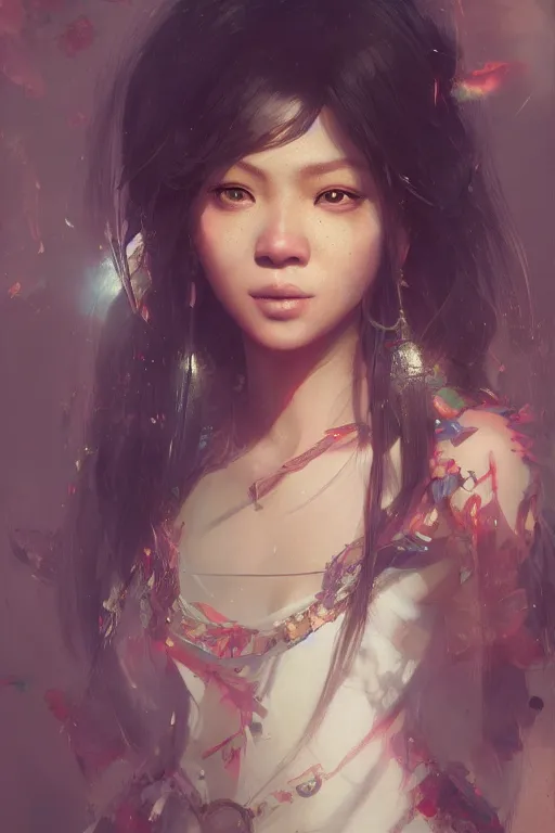 Image similar to portrait of a beautiful filipino - american woman, anime, ruan jia, wlop, sha xi, fantasy, hyper detailed, octane render, concept art, ornaments, artstation