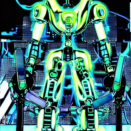 Prompt: the headless fullmetal kerberos robot sirius in electrical wired neon yellow noir outfit, with eyelike neon lights in its torso, colored manga illustration by yoji shinkawa and james jean