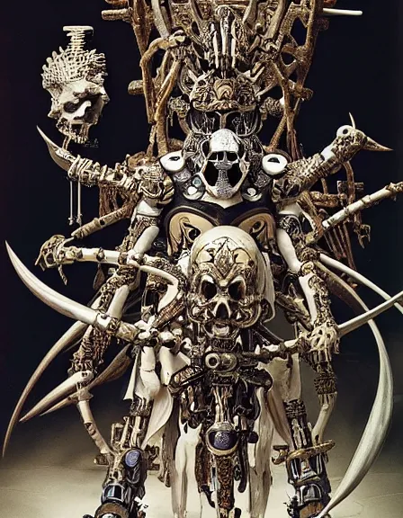 Prompt: still frame from Prometheus by utagawa kuniyoshi , lich king Dr doom in ornate bio cybernetic bone armour and skull mask helmet in bone chapel by Wayne Barlowe by peter Mohrbacher by giger , dressed by Alexander McQueen and by Neri Oxman, metal couture hate couture editorial