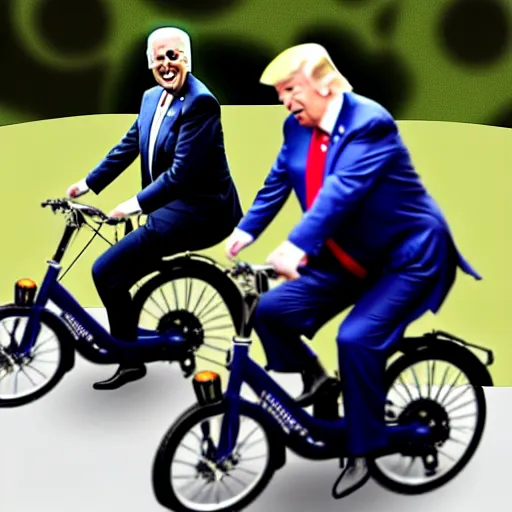 Image similar to joe biden and donald trump drunkenly riding a tandem bike together, laughing and joking, photorealistic, detailed