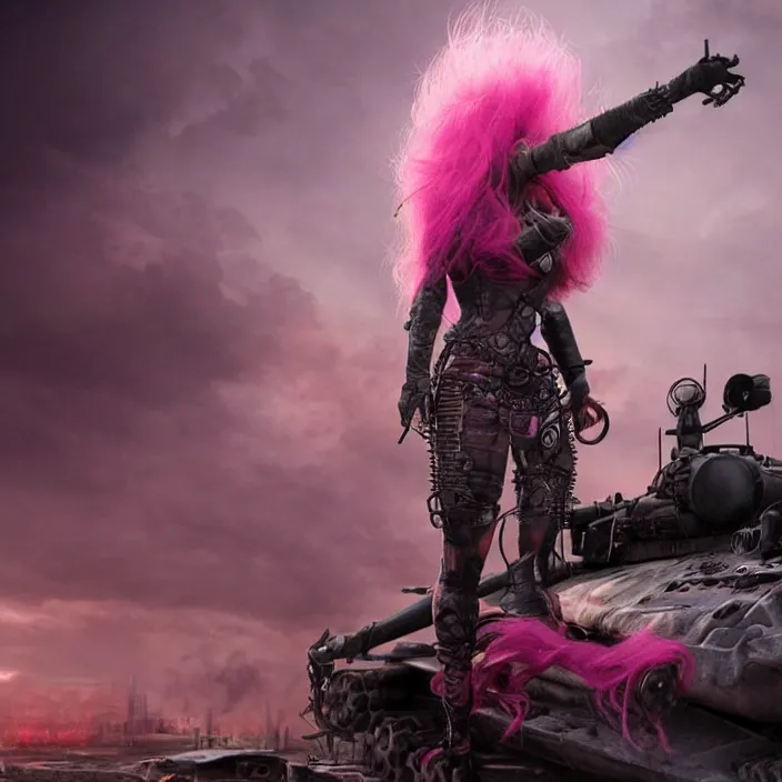 Image similar to beautiful apocalyptic woman with pink Mohawk, standing on mad max panzer tank, 4k ultra hd, fantasy dark art, tank girl, artstation, octane render, elegant, detailed digital painting