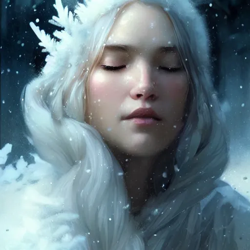 Prompt: a beautiful portrait of an winter goddess with closed eyes and ice hair by Greg Rutkowski and Raymond Swanland, snowflakes falling, Trending on Artstation, ultra realistic digital art