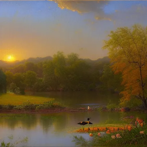 Image similar to a painting of a duck pond at sunset, surrounded by flower bushes, a detailed matte painting by Robert S. Duncanson, deviantart, hudson river school, terragen, trending on artstation