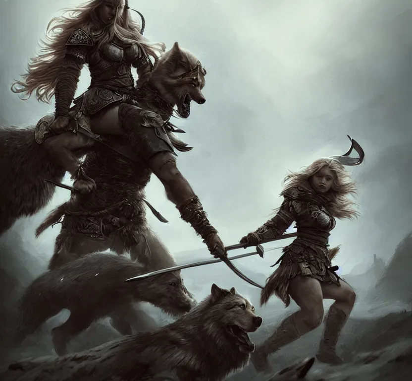 Prompt: a gorgeous!! woman resembling alicia vikander as a viking warrior accompanied by a dire wolf on the battlefield surrounded by the fallen | drawn by wlop, drawn by jeehyung lee, drawn by argerm | intricate, highly detailed, ultra graphics, digital painting, artstation