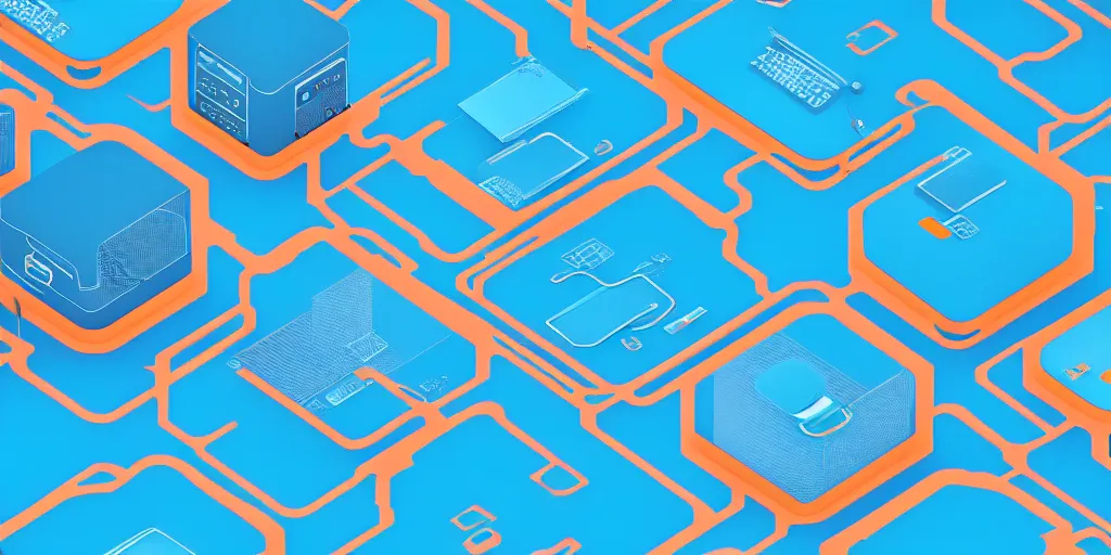 Prompt: Several detailed computers connected to a cloud, network pattern at the background. Minimalistic design, contemporary design, Abstract Design. Blue, cyan and orange palette. Vivid, 8K, Epic, Masterpiece