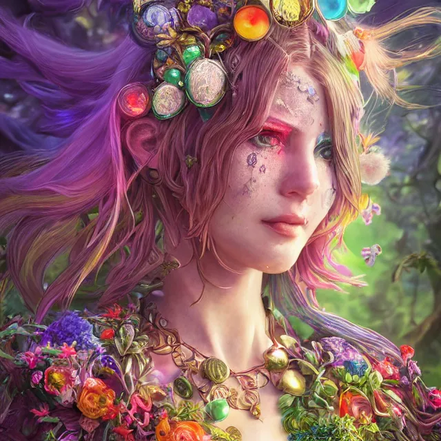 Prompt: the portrait of chaotic good female rainbow colorful druid botanist as absurdly beautiful, gorgeous, elegant, young gravure idol, an ultrafine hyperdetailed illustration by irakli nadar, intricate linework, sharp focus, bright colors, octopath traveler, final fantasy, unreal engine 5 highly rendered, global illumination, radiant light, detailed and intricate environment