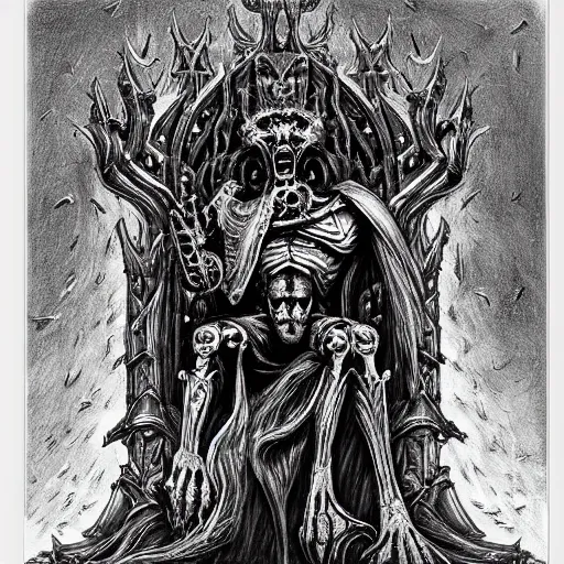 Image similar to pencil illustration. the god emperor on his golden throne. 4 0 k. body horror. in the style of giger.