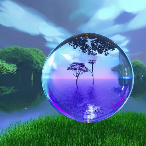 Prompt: one giant water bubble carrying the tree of live, make the water bubble slightly bigger. Change the ground to grass. Make the leaves from the tree purple Keep the bubble with the tree the exact same way LOTR of style, unreal engine, 8K