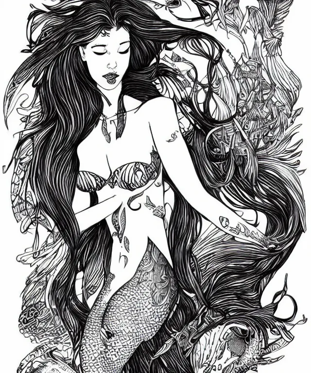 Prompt: black and white illustration, creative design, dark fantasy, tattoo design, beautiful mermaid, full body, swimming in ocean, fish tail bikini top flowing hair