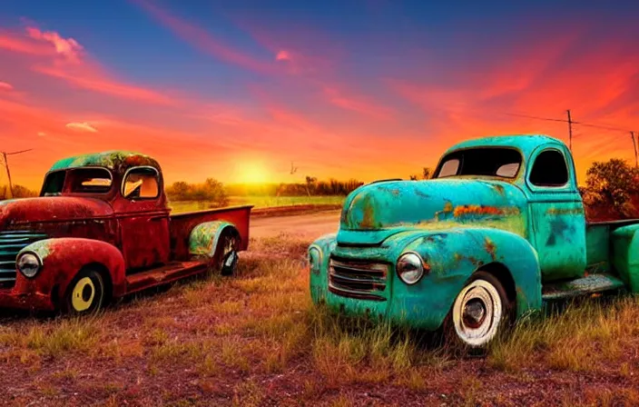 Image similar to A beautiful colorful evening scene of route66 with abandoned gas station and rusty old pickup truck, hyper realistic, blinding backlight evening sun