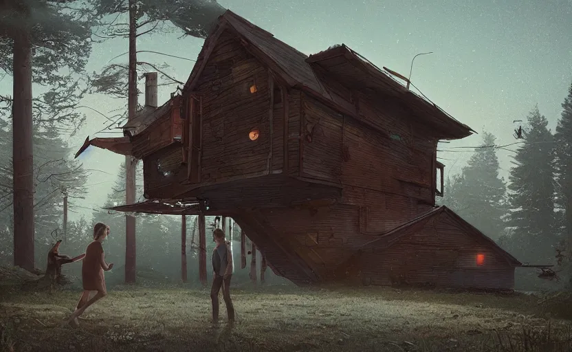 Prompt: two lovers leave each other inside wooden broken house by simon stålenhag, rendered by Beeple, by Makoto Shinkai, syd meade, starwars, space art concept, digital art, unreal engine, WLOP, trending on artstation, 4K UHD image, octane render,