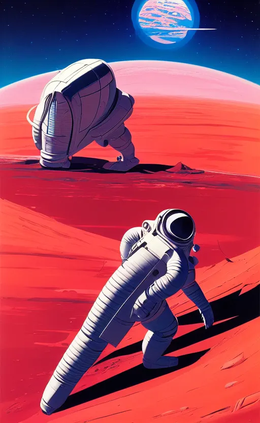 Prompt: syd mead artwork of a futuristic astronaut abandoned on a red ocean planet, lonely future cosmonaut abandoned on world of red water, detailed 4k stylized sci-fi artwork