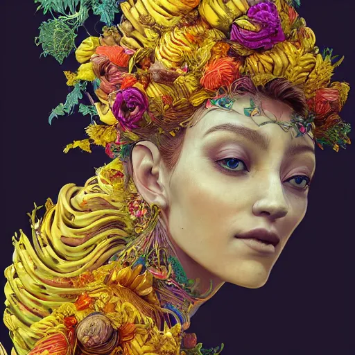 Image similar to the portrait of an absurdly beautiful, graceful, elegant woman made of bananas and petals, an ultrafine detailed illustration by kim jung gi, irakli nadar, intricate linework, bright colors, final fantasy, behance contest winner, angular, unreal engine 5 highly rendered, global illumination, radiant light, detailed and intricate environment