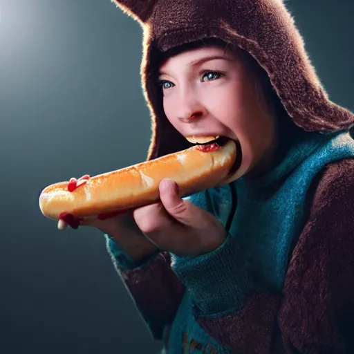 Image similar to cinematic shot epic portrait cat eating a hotdog, hyper realistic, mood lighting, fantasy, detailed face, highly detailed, super realistic, perfect lighting