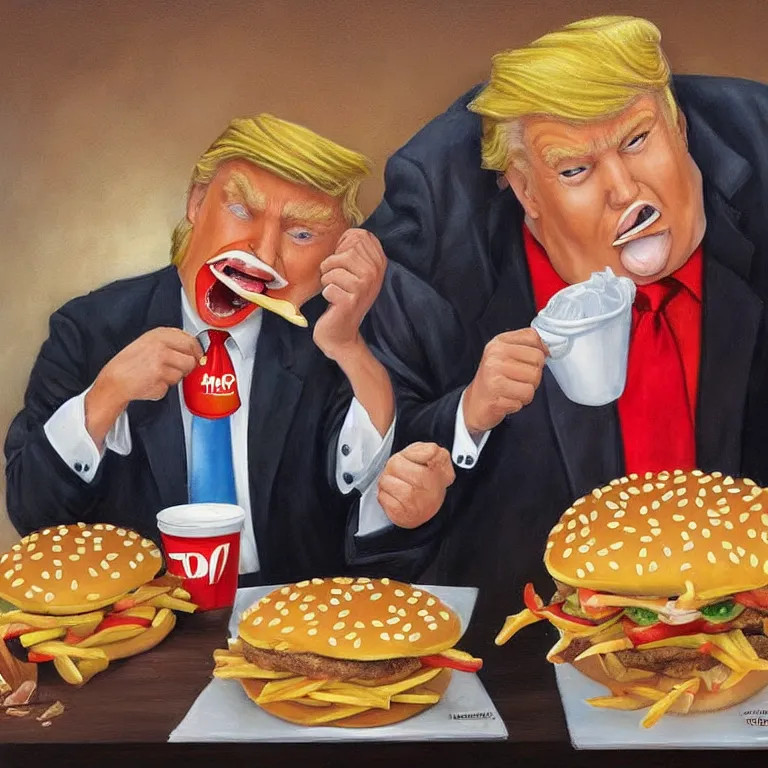 Image similar to a jon mcnaughton painting of donald trump eating a happy meal at mcdonald's