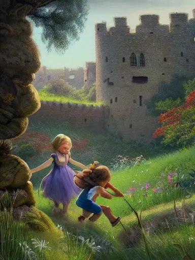 Prompt: children playing inside a meadow in the castle walls. intricate, elegant, highly detailed, digital painting, artstation, concept art, sharp focus, illustration, by justin gerard and artgerm, 8 k