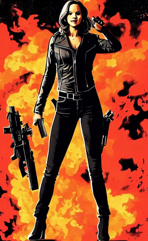 Image similar to Rafael Albuquerque comic cover art, Jennifer Lawrence with guns, smile, direct gaze, brown leather jacket, jeans, full body, building on fire, cool colors, detailed, 4k