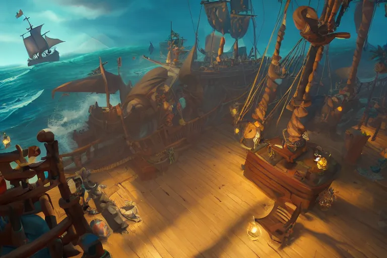 Image similar to gameplay screenshot of a parrot on a pirate ship, sea of thieves, unreal engine digital painting, volumetric light, intricate, sharp, focus, bloom, illustration, highly detailed, concept art, matte, ruan jia, randy vargas, greg rutkowski