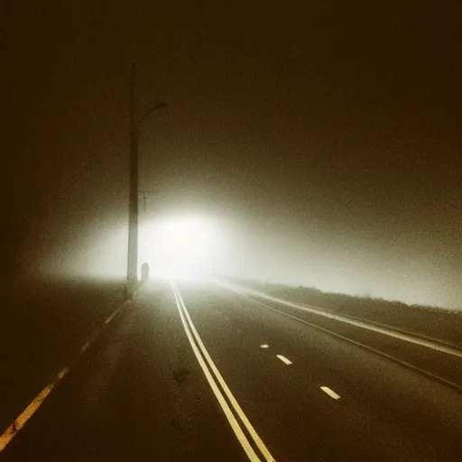 Image similar to Beautiful cameraphone 2000s, soft liminal Photograph of foggy road, hedge night, streetlight.