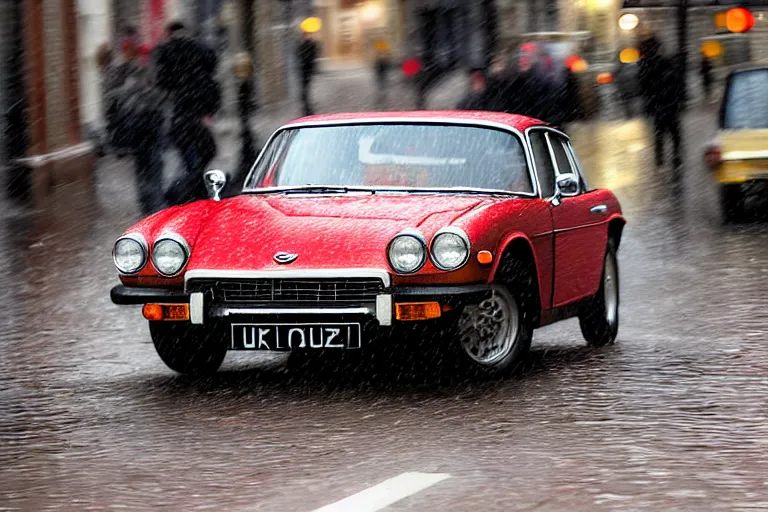 Prompt: street photography by saul leiter, in a wet london high quality street, award winning photo of an ultra detailed dirty high quality vintage triumph stag 1 9 7 4 car speeding very fast on water, fast shutter speed, motion blur, tiny gaussian blur, highly detailed, highly intricate, depth of field, trending on top gear